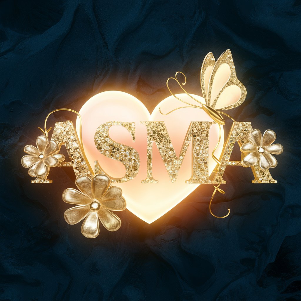 Radiant Gold Garden Wallpaper: Sparkling 'Asma' logo with golden flowers and a glowing heart."