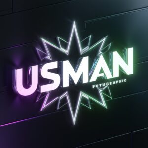 Futuristic 3D Usman logo with neon gradients and glowing shapes, ideal for a striking name DP design against a dark background."