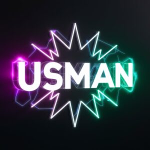 Usman logo with a futuristic neon glow, featuring bright purple and green gradients and glowing geometric shapes – vibrant name DP."