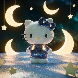 Celestial dreamland with Hello Kitty in a shimmering starry sky, floating moons, and a glowing nebula in 3D."