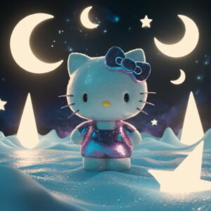 Hello Kitty amidst a tranquil, otherworldly 3D scene with stars, moons, and a soft, celestial glow."