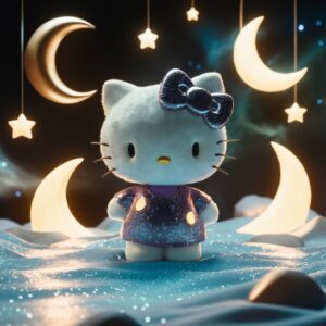 Hello Kitty in a celestial 3D dreamland with floating moons, twinkling stars, and a glowing nebula."