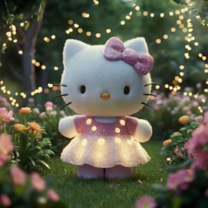 Hello Kitty in a lush 3D garden, surrounded by vibrant flowers and twinkling fairy lights."