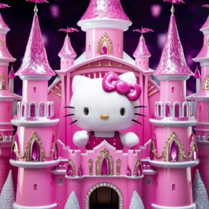 Magical pink castle with Hello Kitty and a fairy-tale glow – 3D Wallpaper."