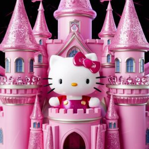 Hello Kitty in a grand pink castle with sparkling gemstones and magical ambiance – Wallpaper."