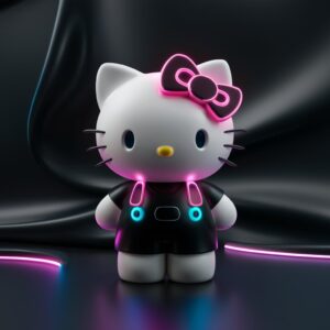 Neon-accented 3D Hello Kitty in black, with a matte black background and subtle neon light effects wallpaper."