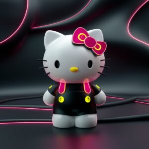 Contemporary 3D Hello Kitty with neon details, against a sleek black backdrop with neon light effects wallpaper."