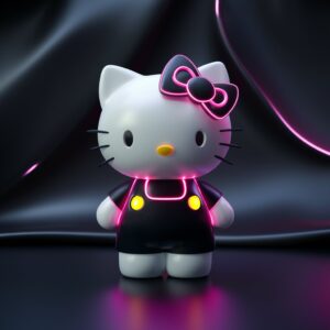 3D Hello Kitty in black with neon accents, set against a matte black background with neon light effects wallpaper."