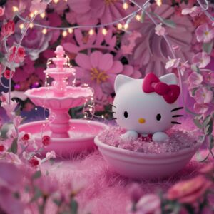 Magical pink garden scene with Hello Kitty and twinkling lights – 3D Wallpaper."