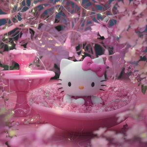 Enchanting pink garden featuring Hello Kitty with soft lighting and intricate details – Wallpaper."