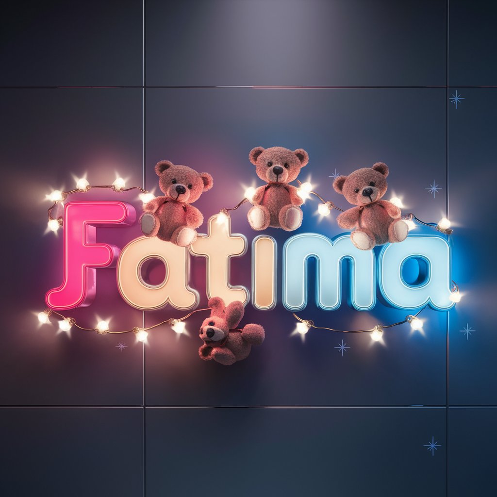 Bright neon 'Fatima' illuminated with teddy bears and starry details against a dark background."