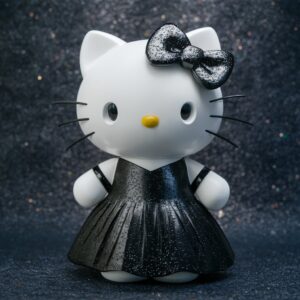 3D Hello Kitty in black with glittering accents, set against a starry, textured black wallpaper."