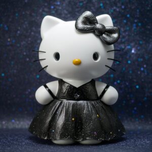 Hello Kitty in a sparkling black dress with metallic bow, 3D wallpaper with a textured, starry night sky."