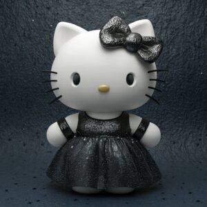 Glamorous 3D Hello Kitty in a black dress with glittering stars, starry night background wallpaper."