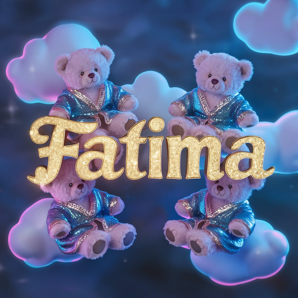 Shimmering gold 'Fatima' surrounded by teddy bears and glowing neon clouds in a dreamscape."