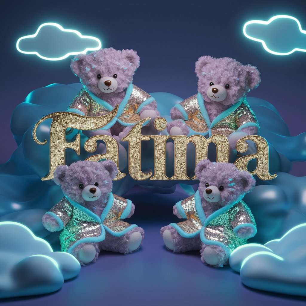 "Dreamy gold and blue 'Fatima' with neon-illuminated teddy bears on a deep blue background."