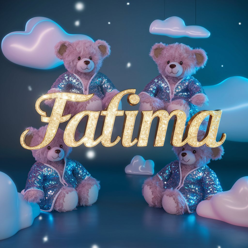 Luxurious 'Fatima' in gold and neon blue with teddy bears against a deep blue dreamy background."