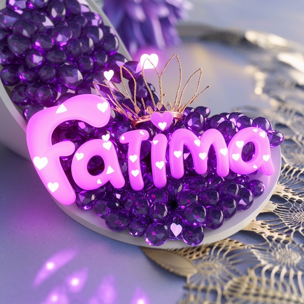 Elegant 3D render of "Fatima" with radiant pink and gold hearts, accented by diamonds and set against a peach ivory backdrop.