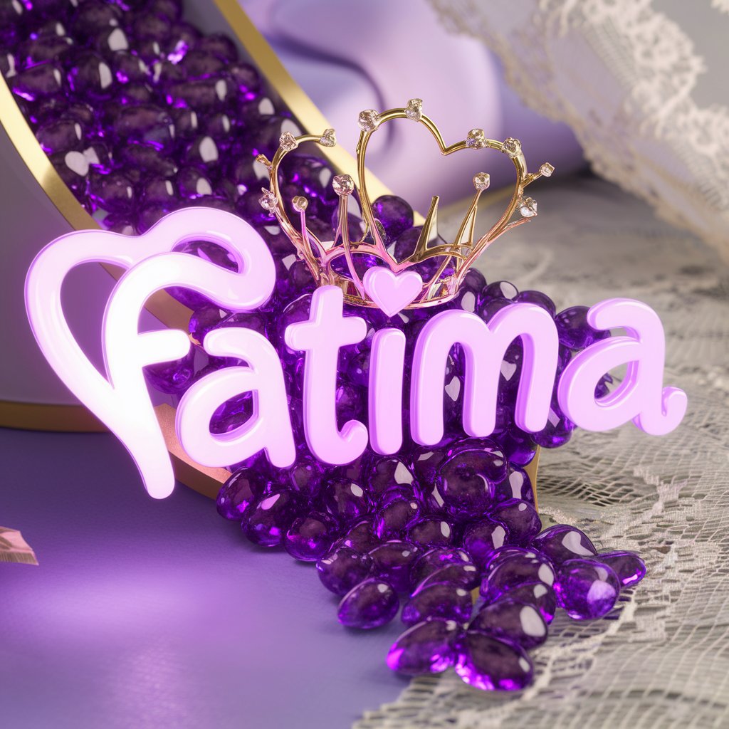 Luxurious "Fatima" in heart-shaped pink and gold letters, with diamond accents and a soft peach and ivory gradient background.