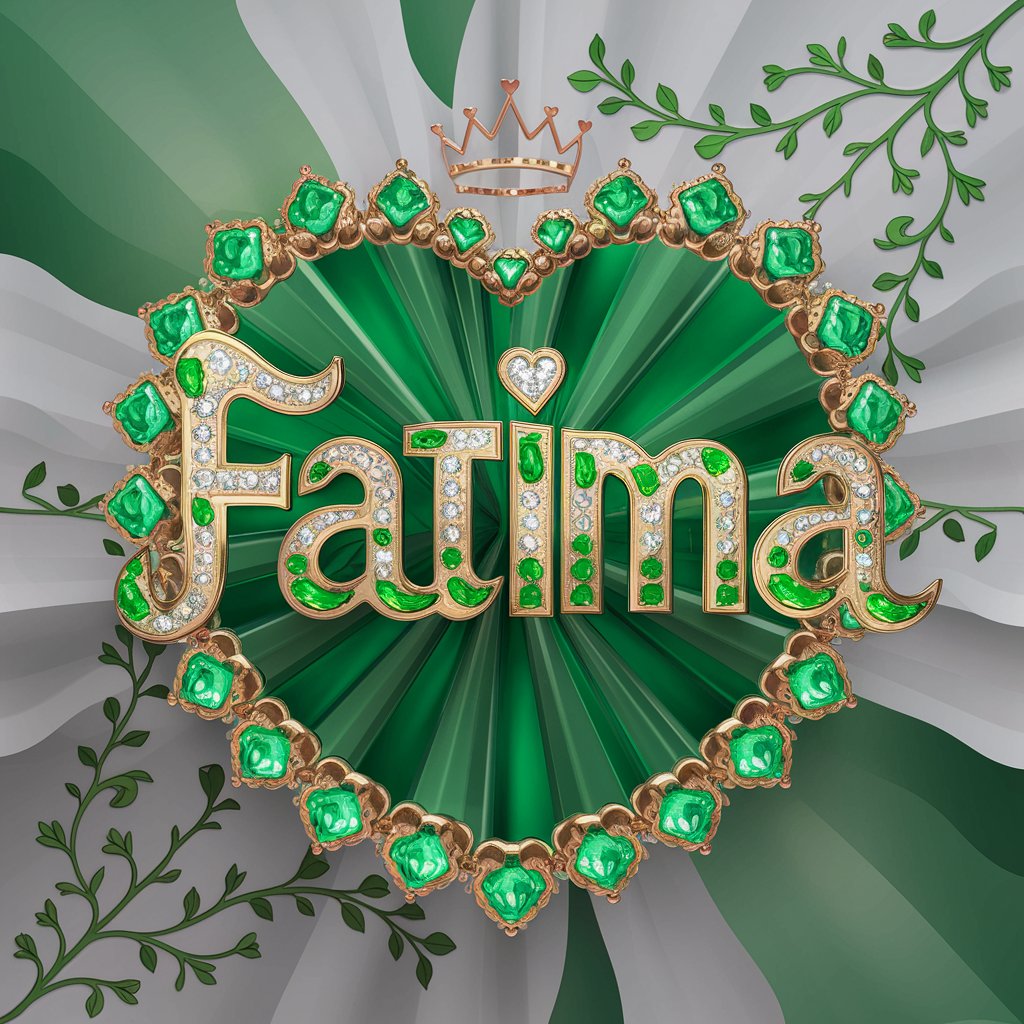 Exquisite 3D render of "Fatima" in emerald hearts, adorned with emeralds and a golden crown, on a soft green gradient background