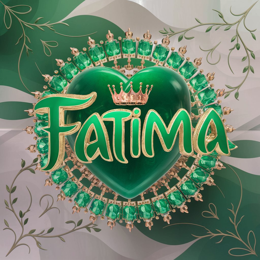 Fatima" in radiant emerald heart-shaped letters, surrounded by emeralds and golden crowns, with a green gradient background.