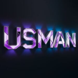 Usman logo in neon lights with a futuristic look, set against a sleek black background."