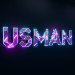 Usman logo illuminated with electric purple and cyan neon lights, geometric shapes on a sleek black background."