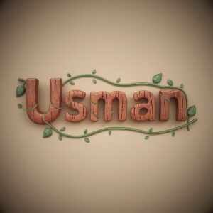 3D Usman logo in forest tones with vine details, resting on a soft beige backdrop for a serene look