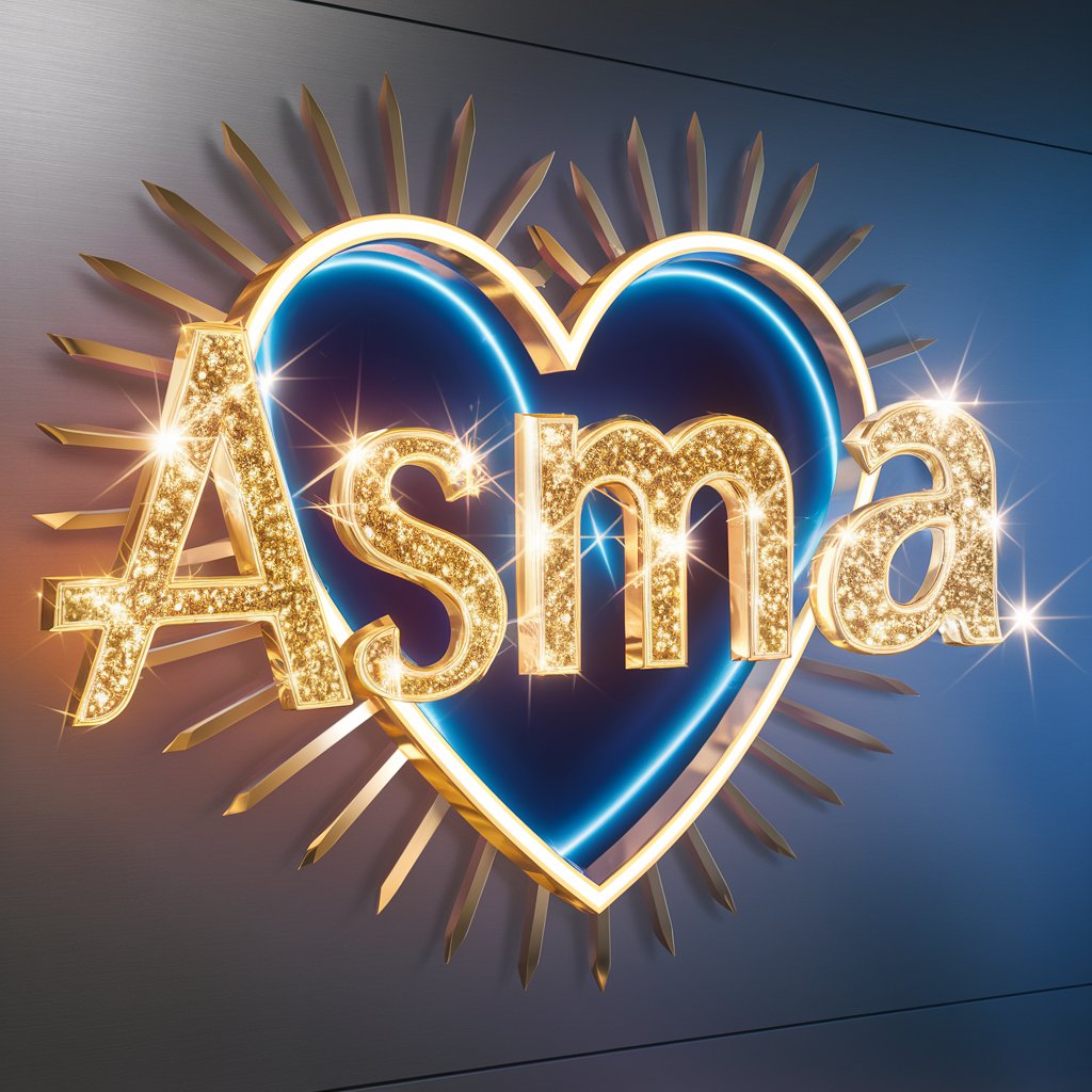 Luxurious 3D logo for Asma, showcasing golden twitty elements and neon lights with a sleek silver background."