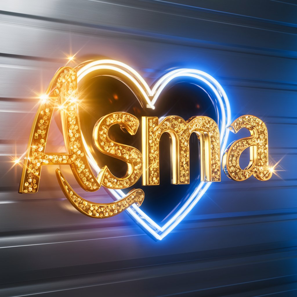 3D logo for Asma with shimmering golden twitty accents and vibrant neon lights on a sleek silver background."