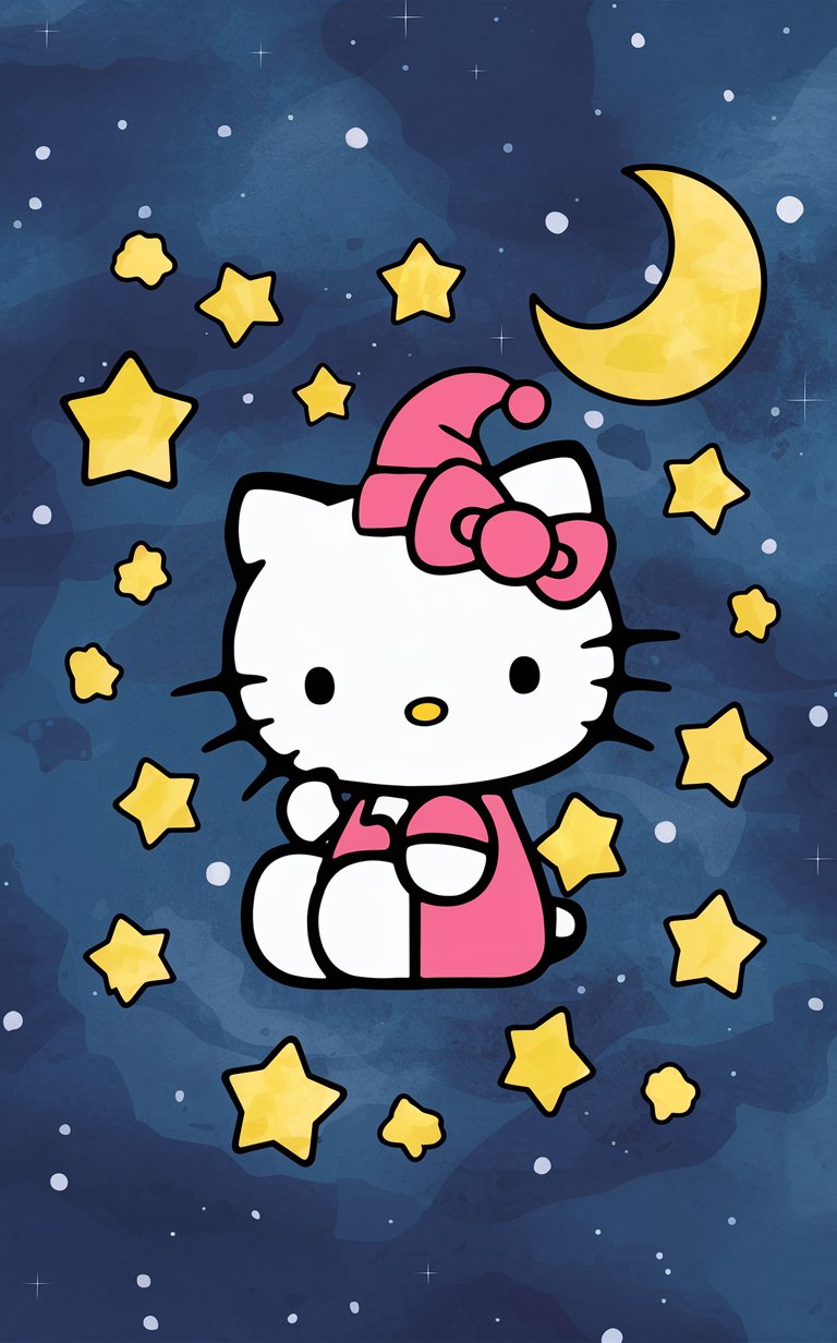 Hello Kitty gazing at the starry night sky with a crescent moon, wallpaper."