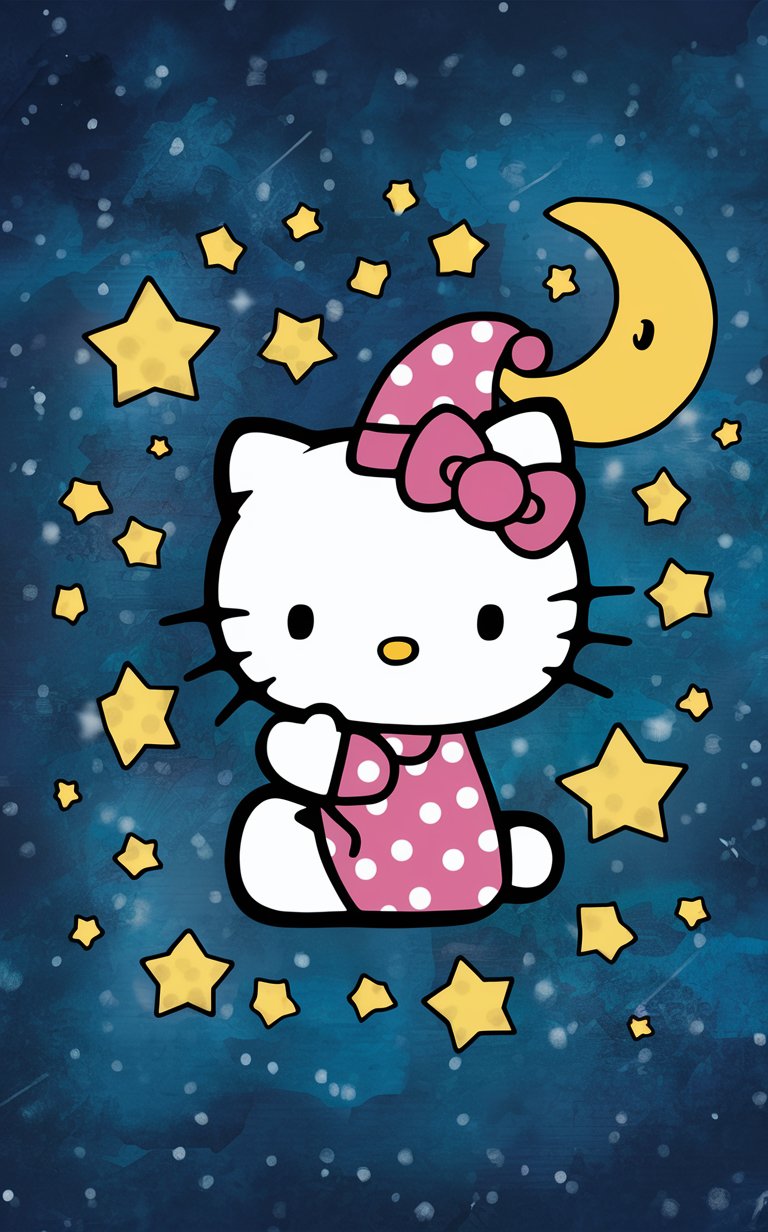 Whimsical Hello Kitty wearing a nightcap, surrounded by stars and moon, wallpaper