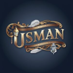 Ornate Usman logo in gold filigree with a vintage lantern and feather, perfect for a classic name DP on a navy backdrop