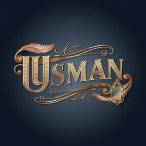 Luxurious Usman name logo with vintage gold details and a classic glass feather, set against a navy blue background – sophisticated name DP."