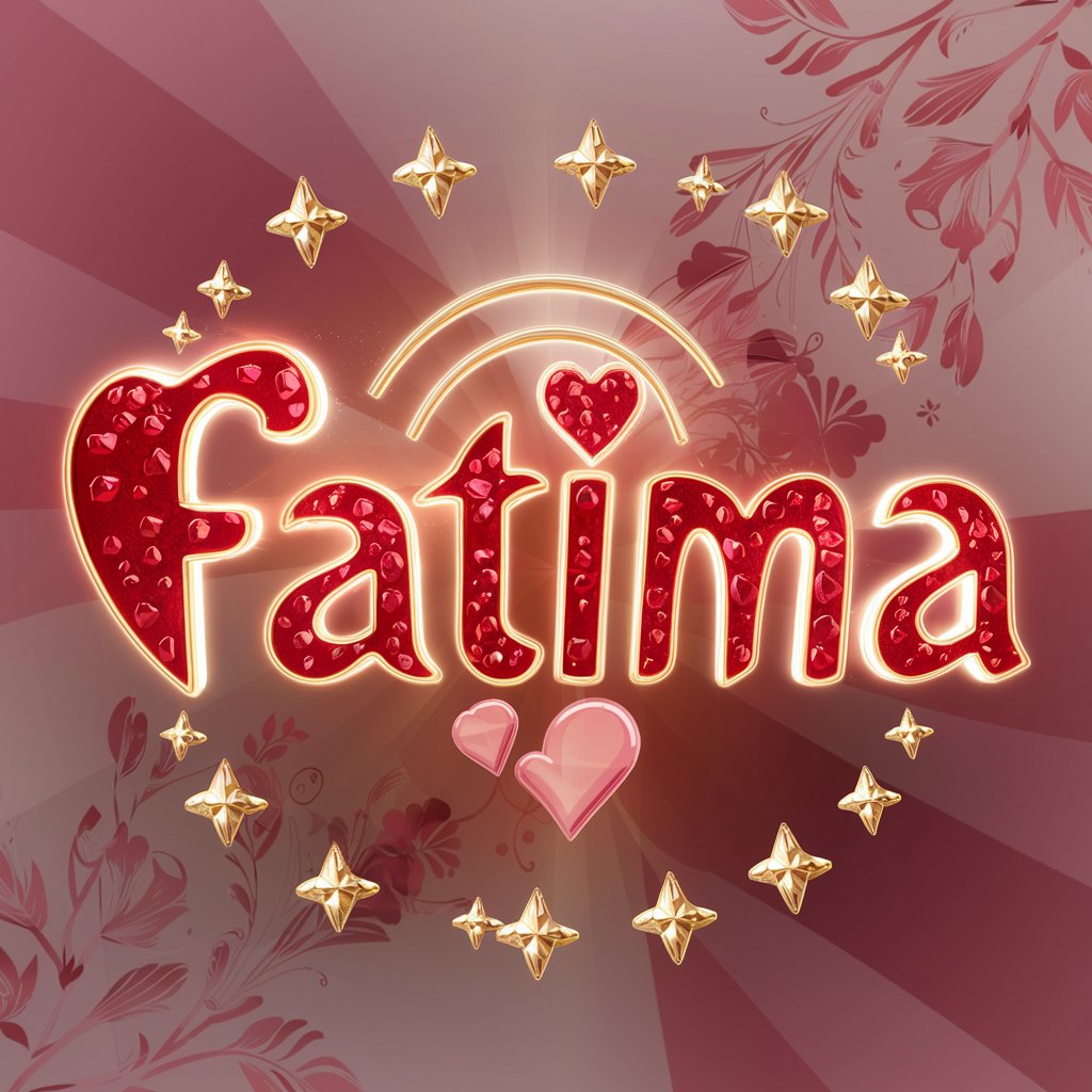 Elegant 3D render of "Fatima" in heart-shaped red letters, surrounded by sparkling rubies and a golden star halo.