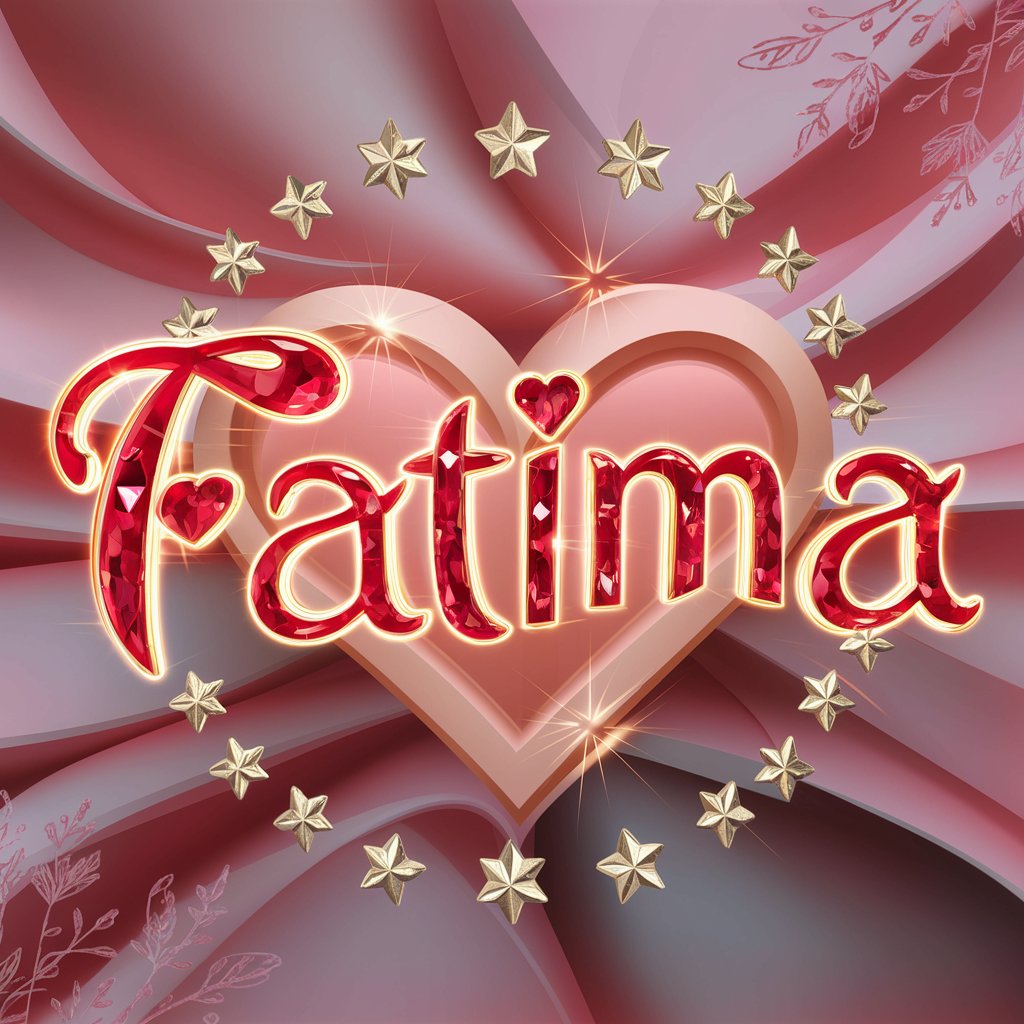 Majestic 3D "Fatima" in glowing red hearts, highlighted by rubies and a halo of golden stars, on a delicate pink backdrop.