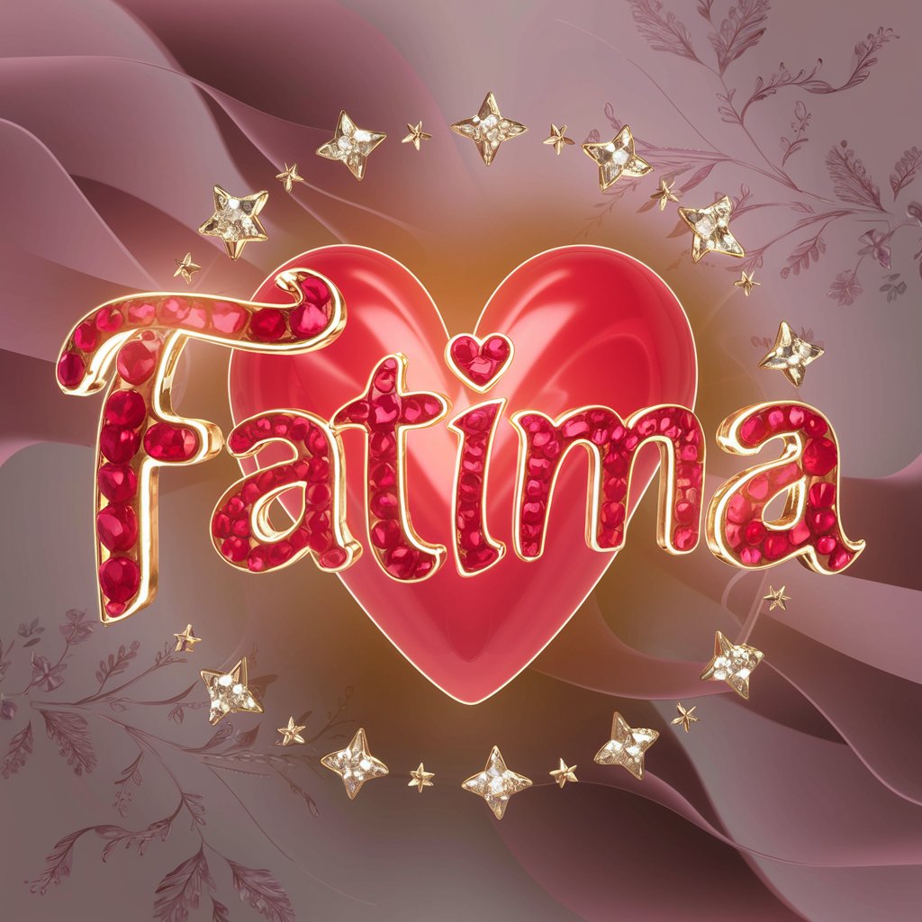 Fatima" in glowing red heart-shaped letters, adorned with rubies and golden stars, on a soft pink background.