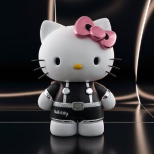 Chic 3D Hello Kitty with silver and pink details, featuring a modern black background with soft glowing light reflections wallpaper."