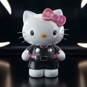 Stylish Hello Kitty in black with pink and silver accents, 3D wallpaper with a sleek, glowing black background."