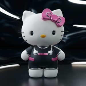 3D Hello Kitty with chic black and glowing pink details, against a contemporary black backdrop with light reflections wallpaper."