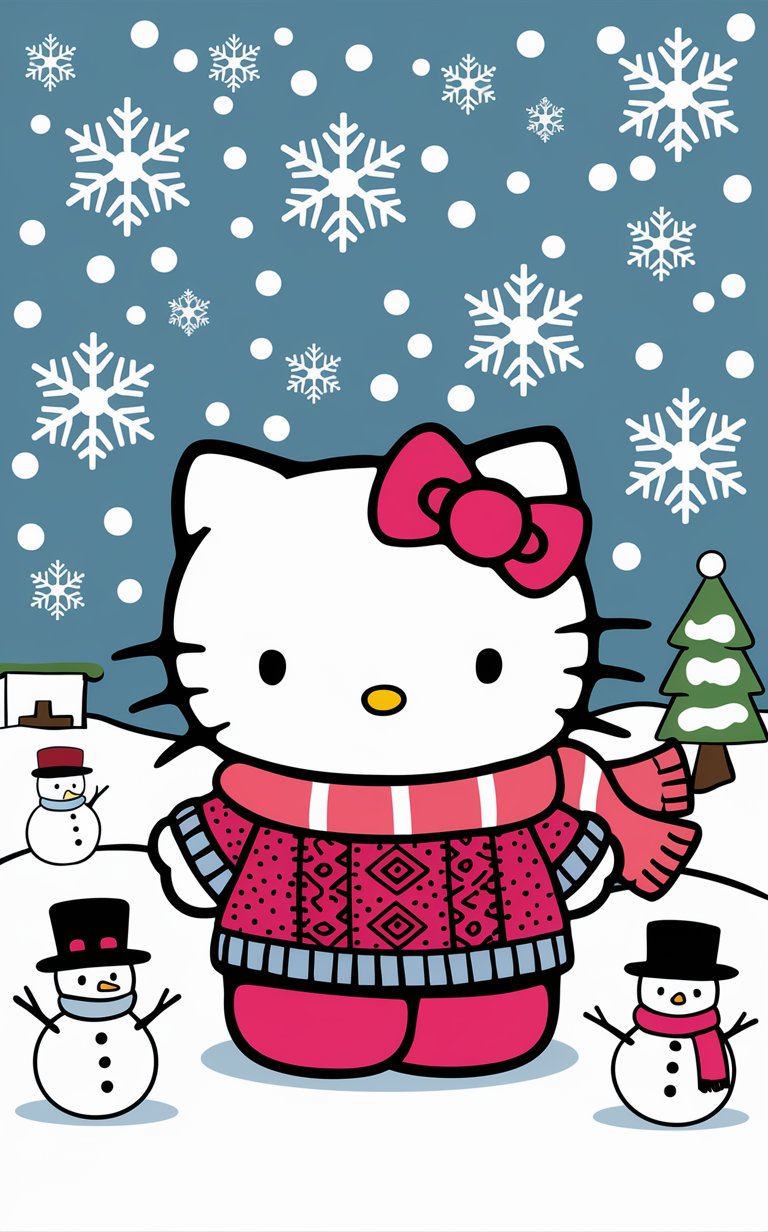 Winter-themed Hello Kitty in a sweater with snowflakes and a snowy background, wallpaper."