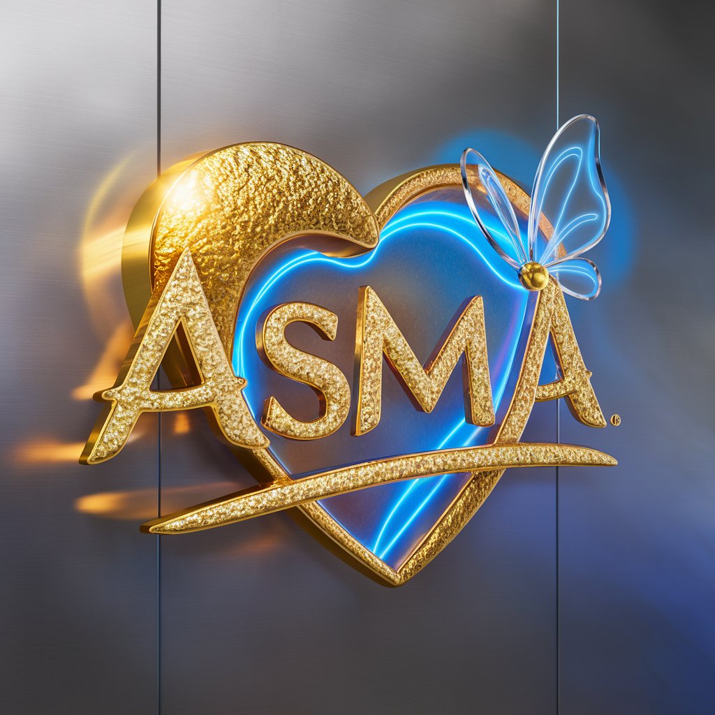 "Mesmerizing 3D Asma logo with golden gradient and neon light effects, complemented by a radiant heart and glass butterfly."