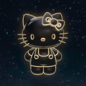 3D Hello Kitty with a mysterious vibe, glowing features, and a starry night backdrop wallpaper."