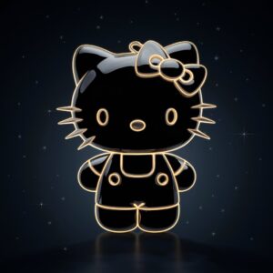 Hello Kitty in glossy black with glowing details, 3D wallpaper featuring a dark, star-filled night sky."