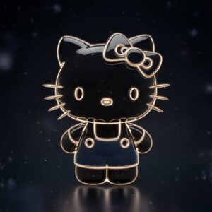 "3D Hello Kitty outlined in glossy black with glowing accents, set against a starry night sky wallpaper."