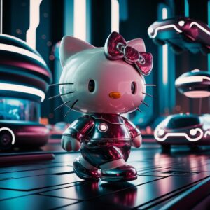 Hello Kitty in a high-tech 3D city with glowing skyscrapers and futuristic transportation."