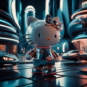 "A 3D wallpaper of Hello Kitty in a modern city with glowing buildings and high-tech vibes."