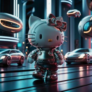 Hello Kitty exploring a sleek, futuristic cityscape with neon lights and floating vehicles in 3D."