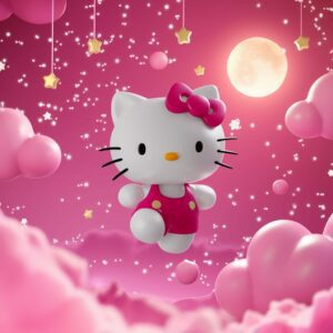 3D Hello Kitty in a dreamy pink starry sky with soft clouds and celestial glow – Wallpaper."