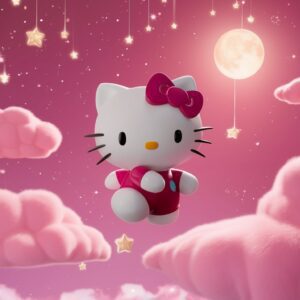 Serene pink night sky scene with Hello Kitty and a glowing moon – Wallpaper